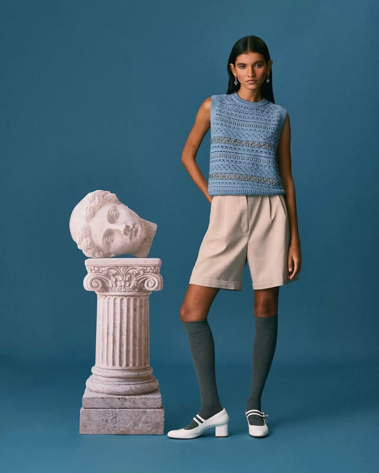 Shrimps'tan Örgü Detaylı Yelek: The Salem Vest Greek Blue